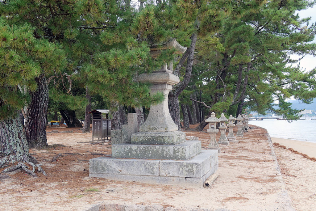 神社横の石燈籠と松の木